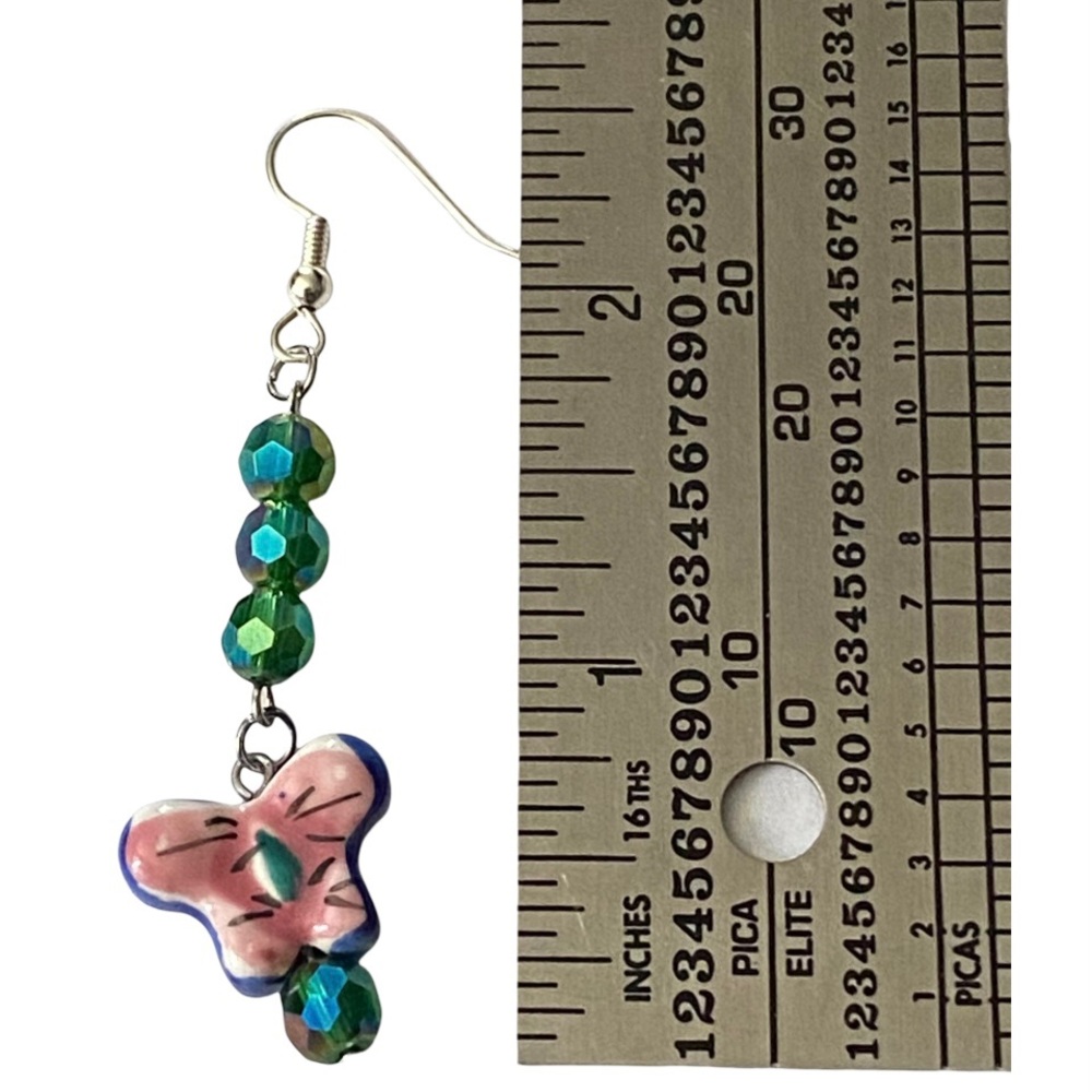 Hand Crafted Porcelain Butterfly Dangle Earrings Blue Pink Green Pierced - Picture 4 of 6